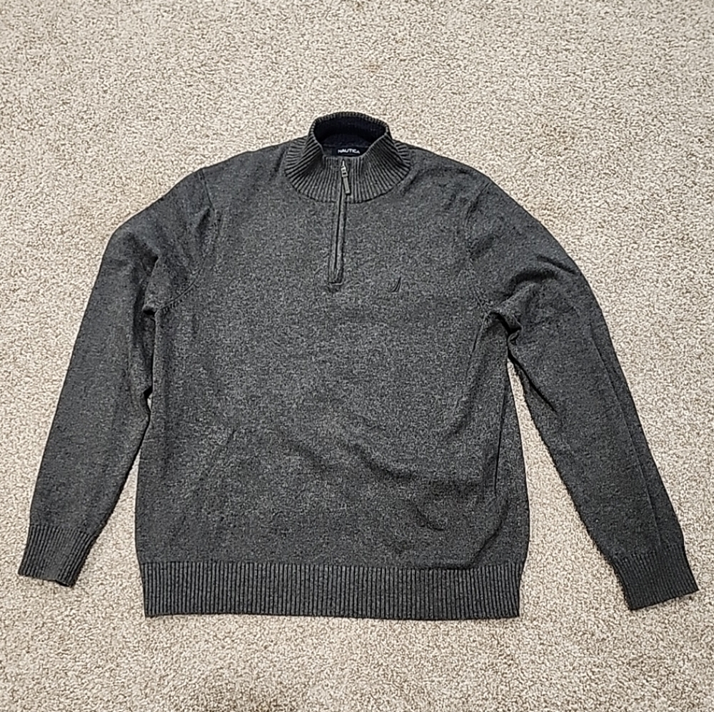 Nautica Mens Large Gray 1/4 Zip Pullover Sweater